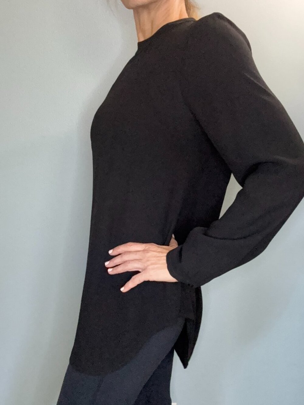 Eileen Fisher 100% Silk Georgette Crepe Tunic Blouse Black Keyhole Back Size S